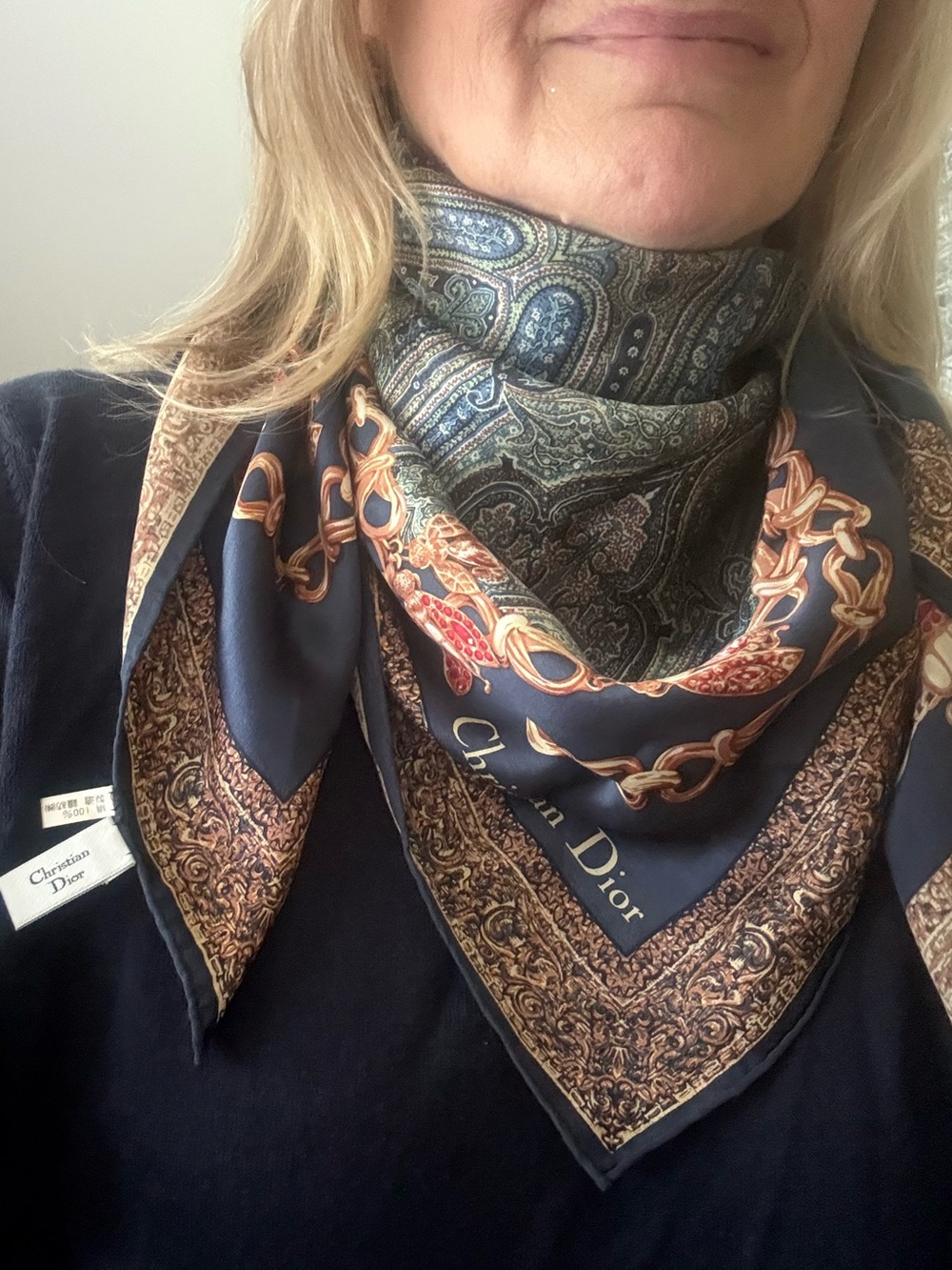 DIOR Vintage SILK Scarf 35” NAVY Gold/Ruby Jewel & Blue-Green Paisley print EUC